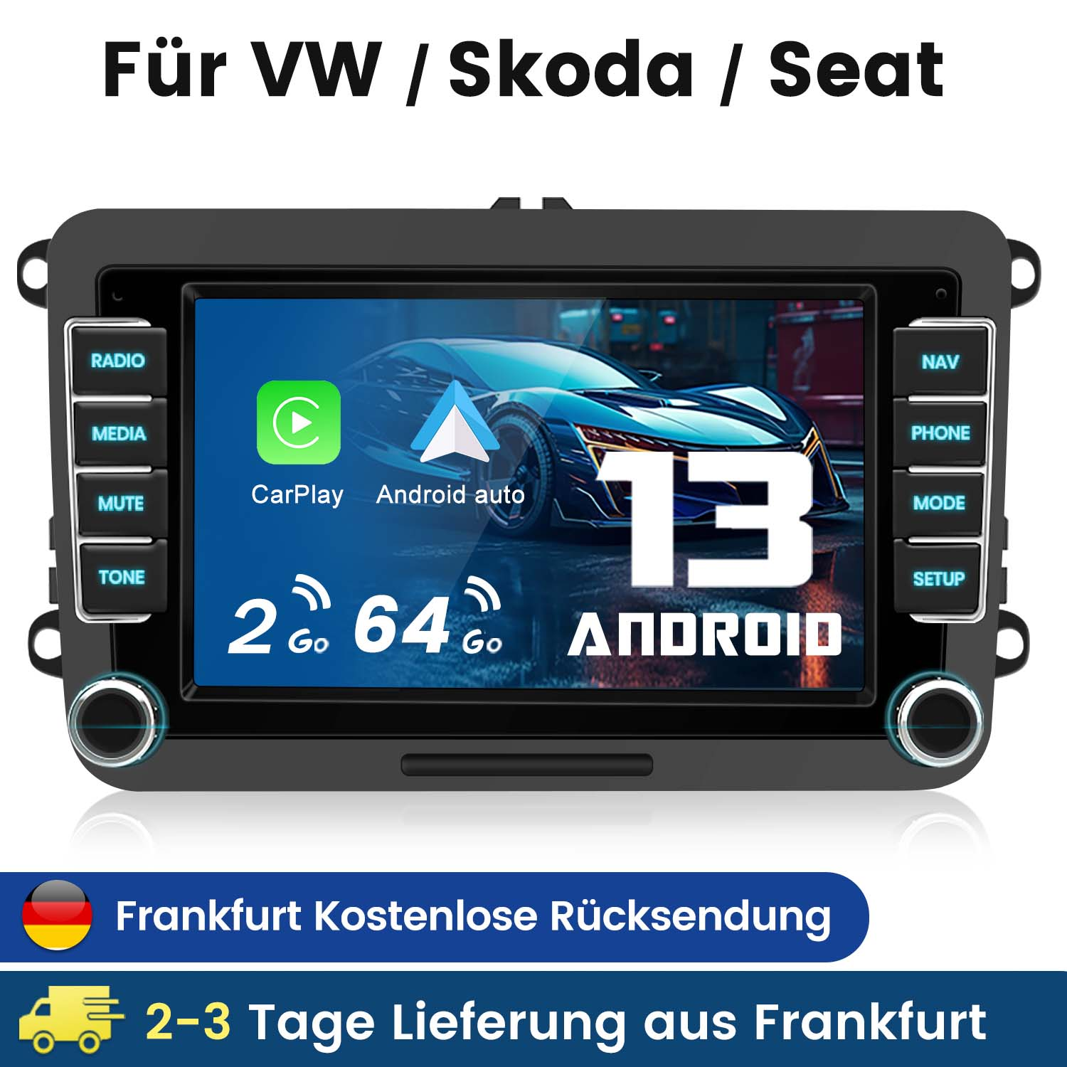Autoradio mit Bildschirm, der ein Auto und Symbole zeigt. Text: 'Für VW/Skoda/Seat', 'Android'.