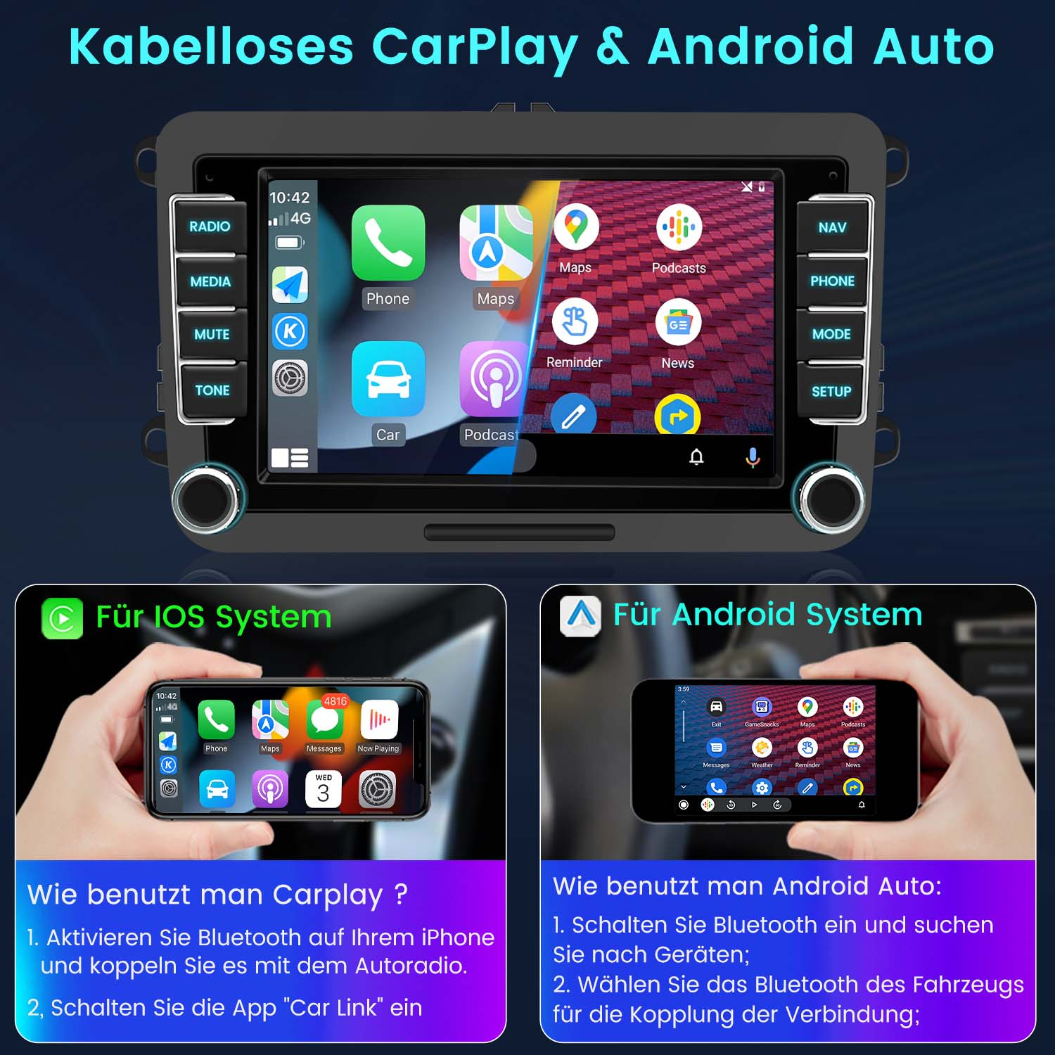 Autoradio-Bildschirm mit CarPlay- und Android Auto-Optionen. Anweisungen zur Verwendung werden unten angezeigt.