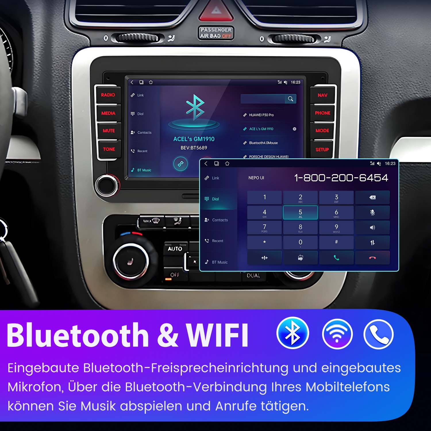 Das Armaturenbrett eines Autos mit einem Bildschirm, der Bluetooth- und WLAN-Einstellungen anzeigt.