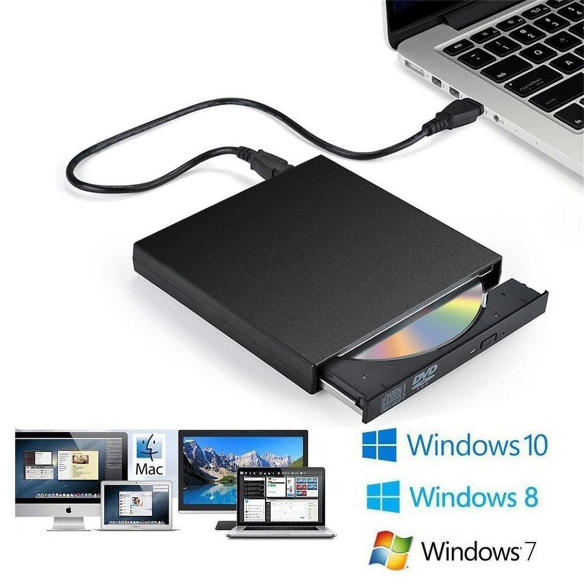 Schwarzes externes DVD-Laufwerk mit angeschlossenem Laptop und Softwarelogos.