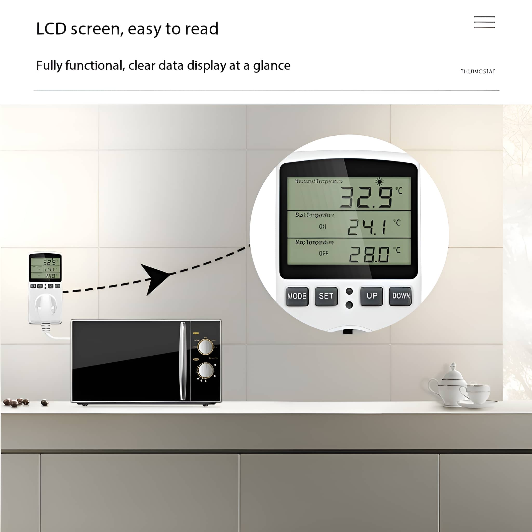 Digitales Thermostat-Display mit Mikrowelle im Hintergrund, zeigt Temperaturmesswerte.