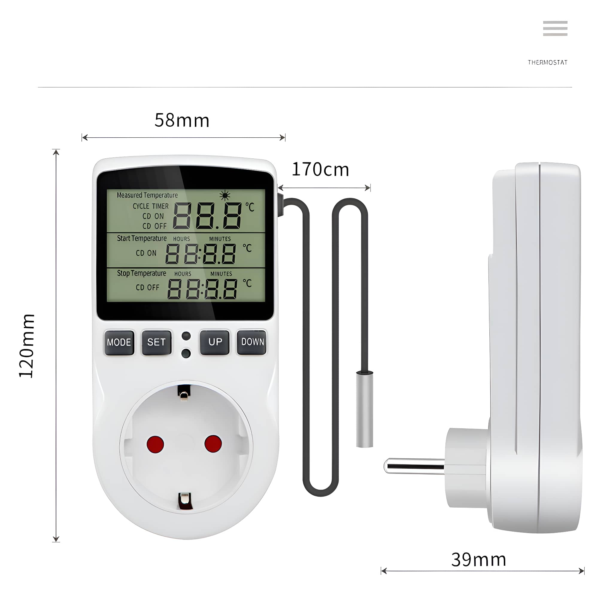 Ein weißer Thermostat mit Display, Steckdose und Stecker mit Abmessungen.