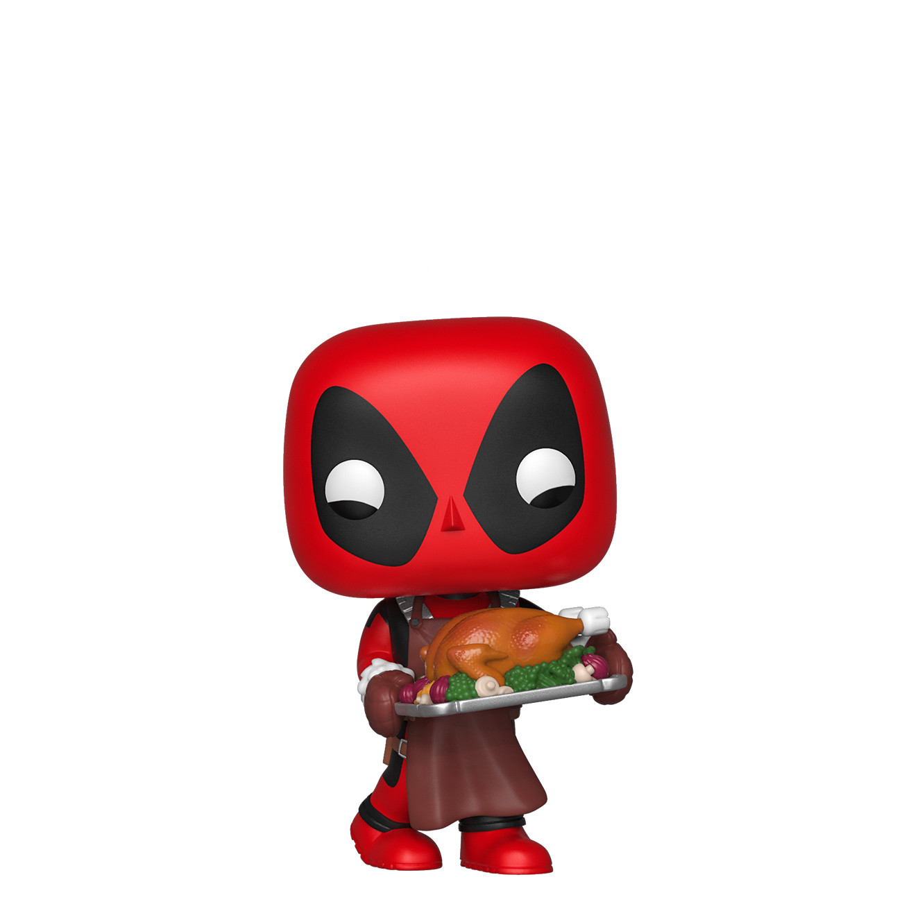 Deadpool-Figur mit Tablett mit gebratenem Truthahn. Weißer Hintergrund.