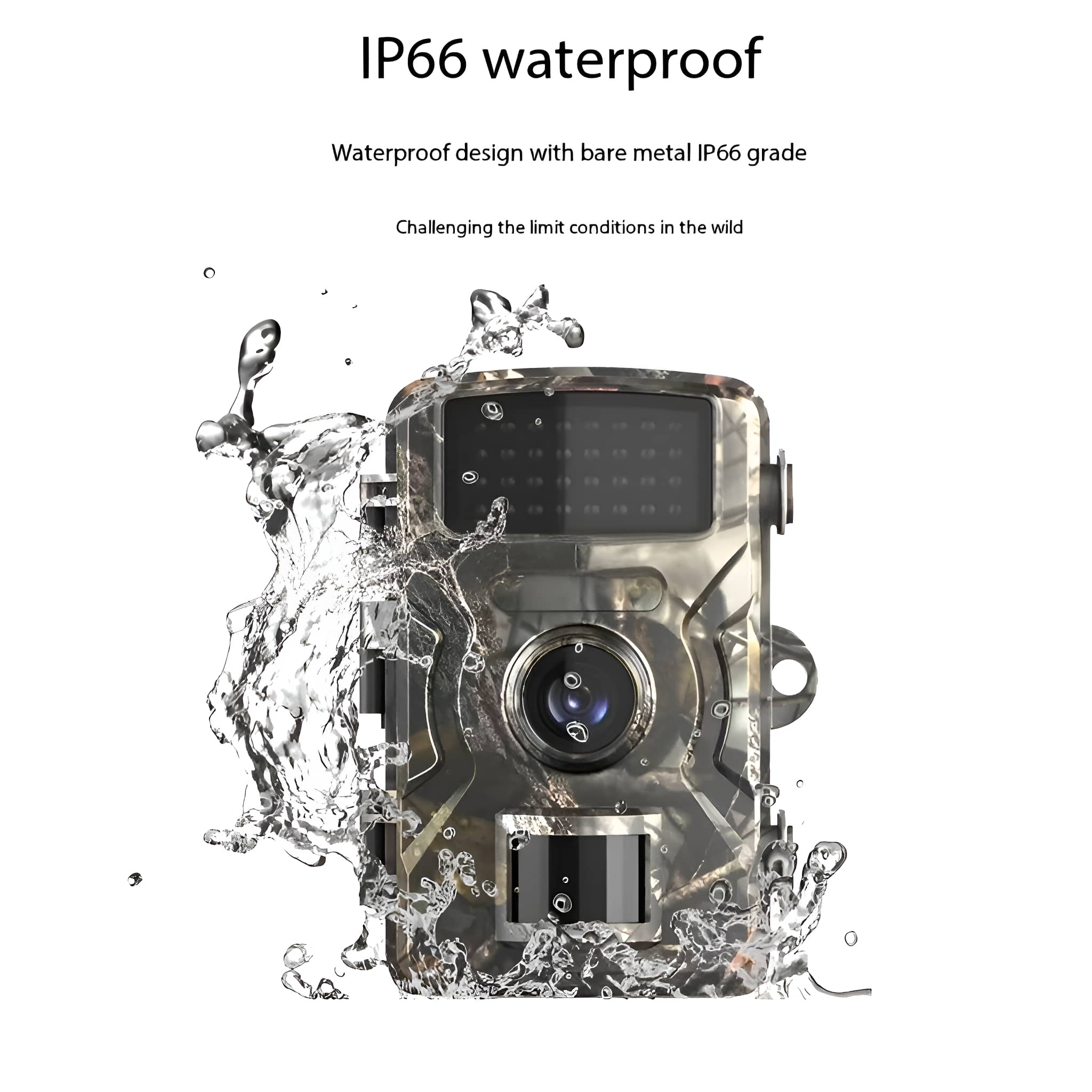 Eine Tarnkamera wird mit Wasser bespritzt. Text sagt 'IP66 wasserdicht'.