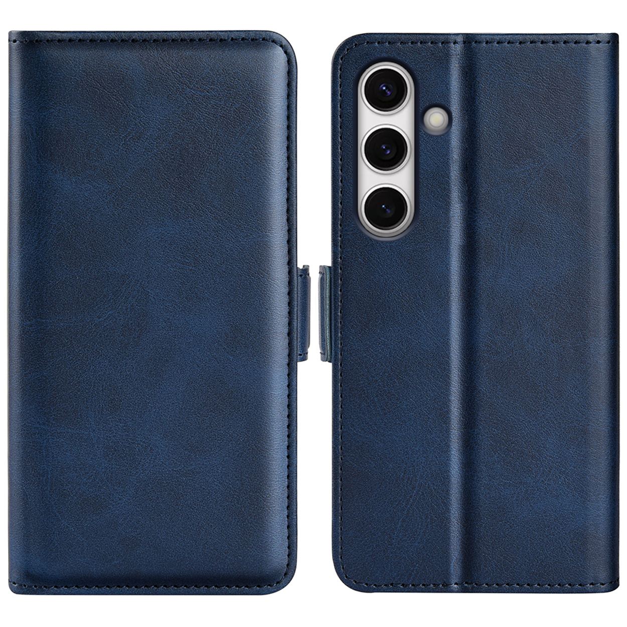 Un étui de téléphone bleu, ouvert et fermé, avec un téléphone.
