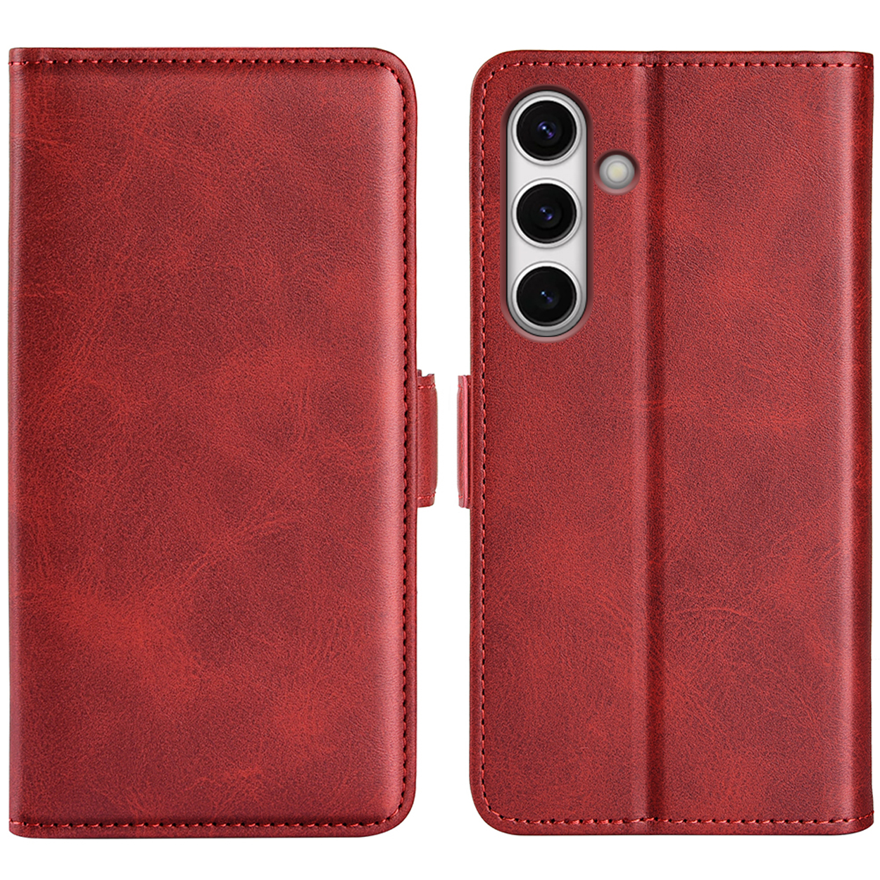 Un étui de téléphone en cuir rouge, ouvert et fermé, montrant le téléphone.