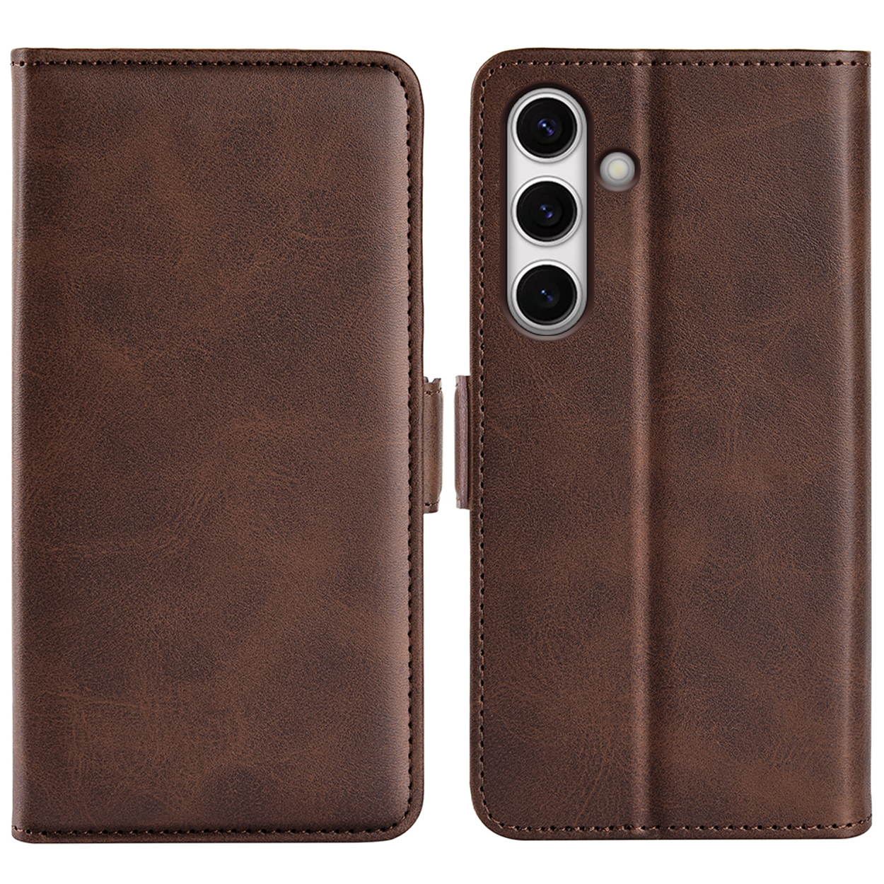 Un étui de téléphone marron, ouvert et fermé, avec un téléphone.