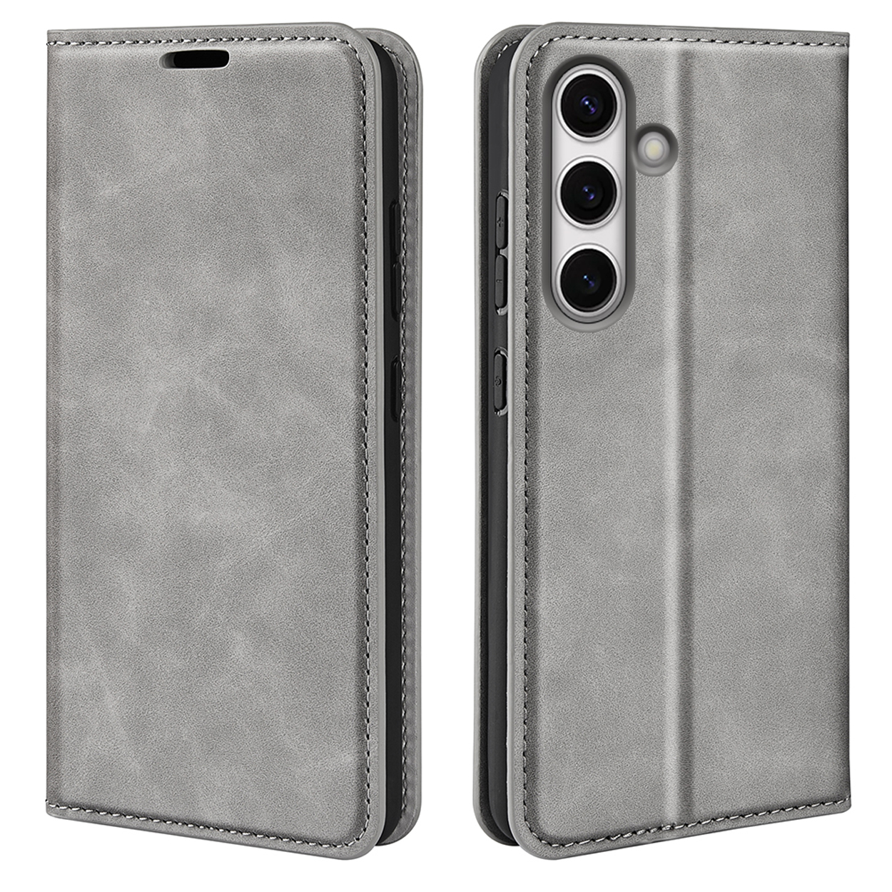 Étui de téléphone gris en deux vues : fermé et ouvert montrant l'intérieur avec le téléphone.