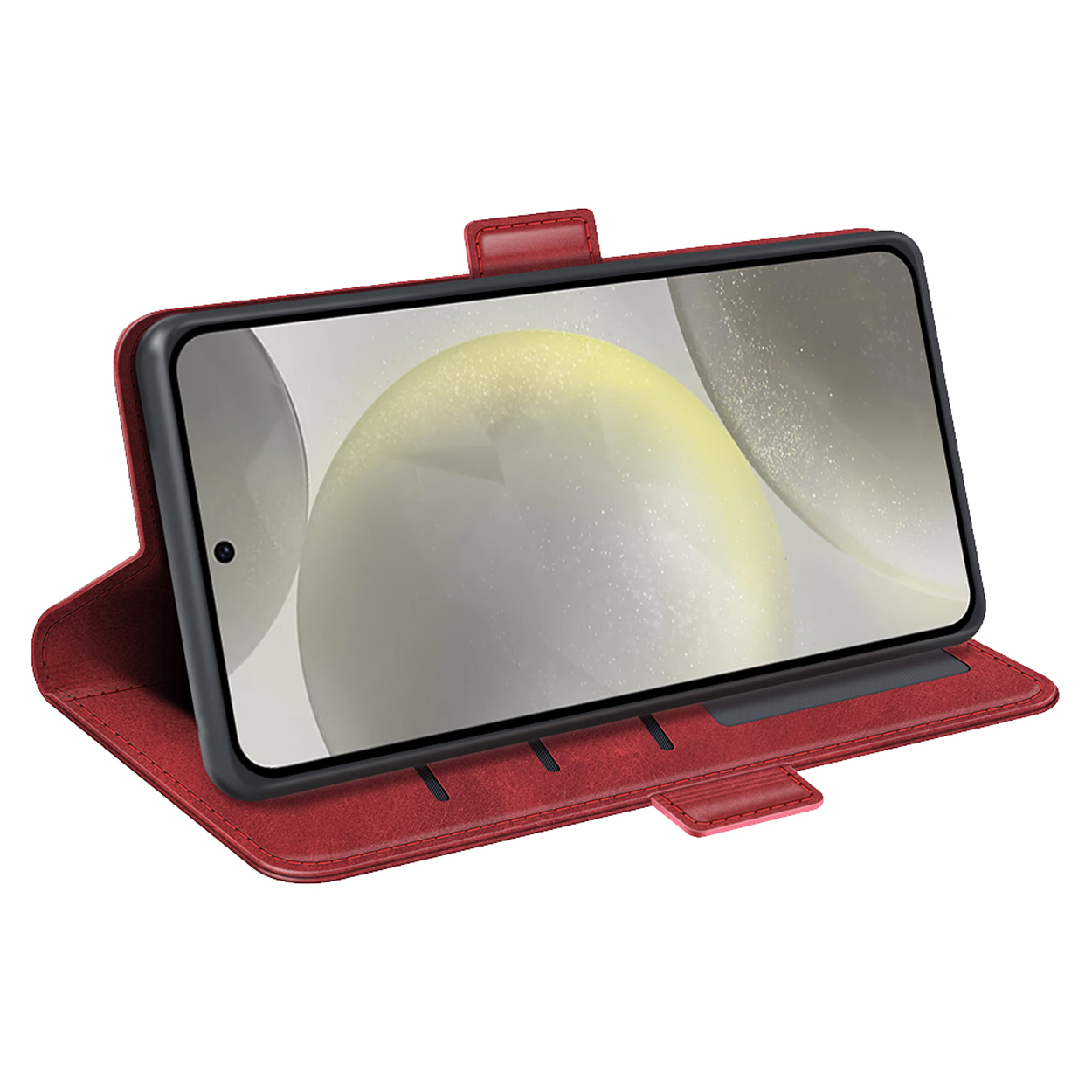Un étui de téléphone rouge avec un téléphone à l'intérieur. Le téléphone affiche un arrière-plan flou. L'étui est ouvert.