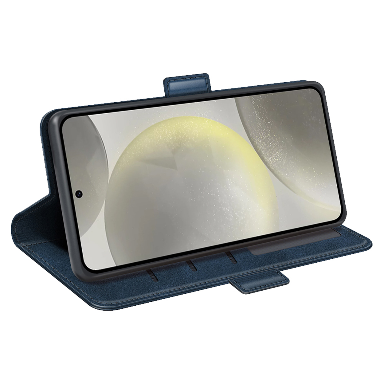 Étui de téléphone bleu avec un téléphone à l'intérieur. Le téléphone est en position paysage et ouvert.