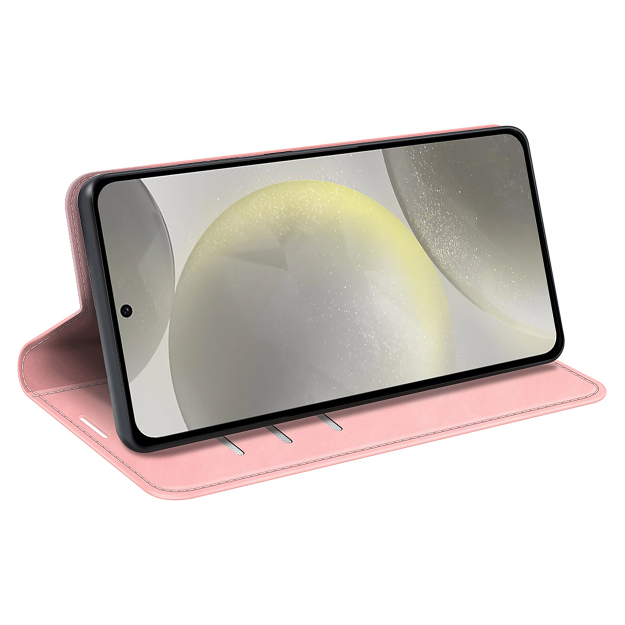 Étui de téléphone rose, ouvert, avec un téléphone à l'intérieur.