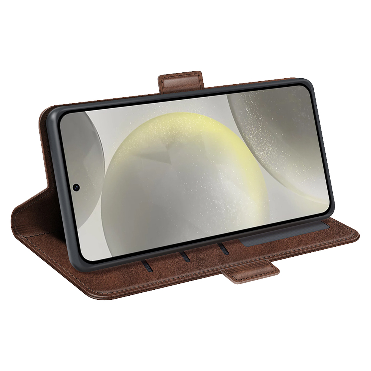 Un étui de téléphone marron avec un téléphone à l'intérieur. Le téléphone affiche un arrière-plan flou. L'étui est ouvert.