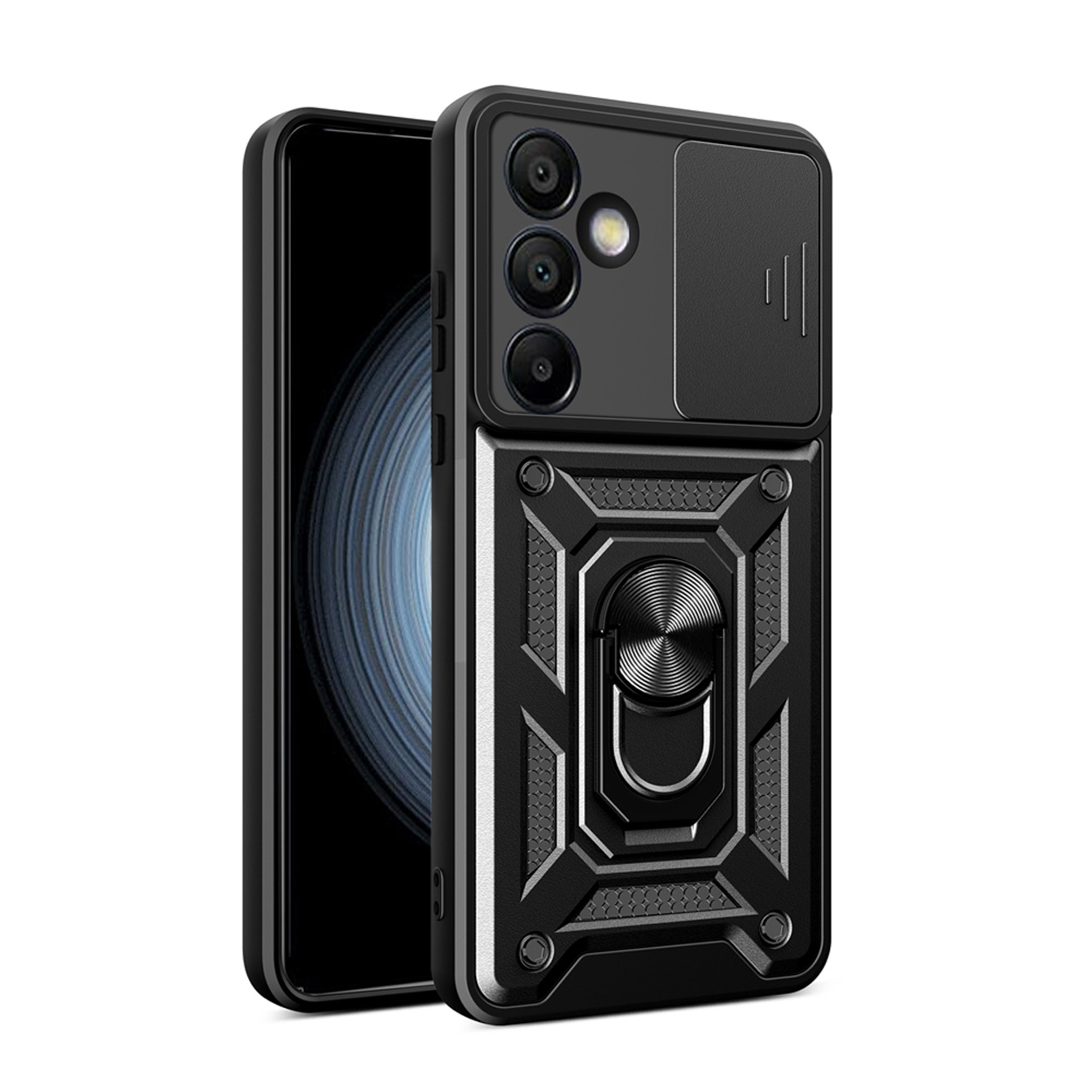 Coque de téléphone noire avec cache caméra, anneau. Le téléphone est noir.