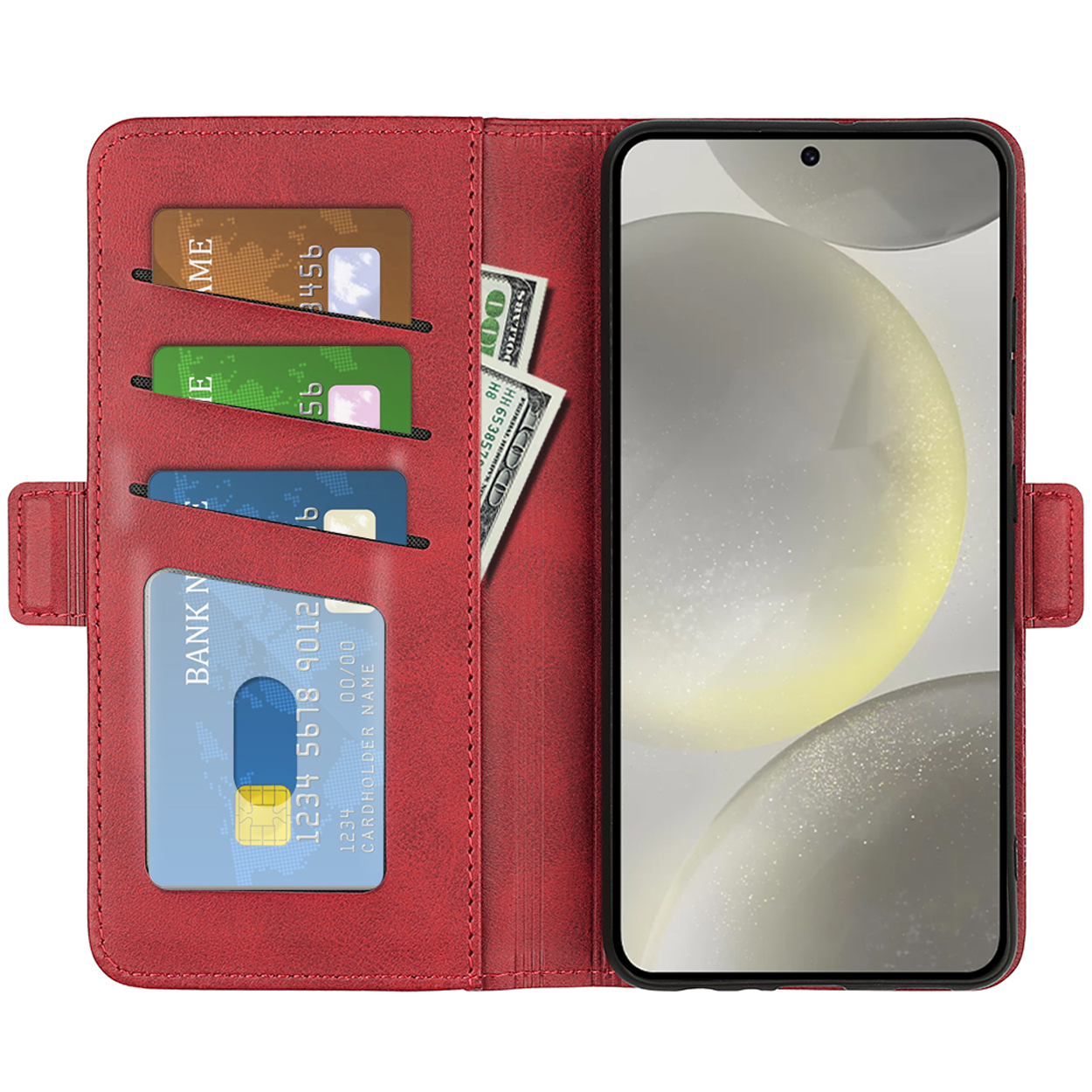 Étui de téléphone rouge avec cartes et argent visibles. Le téléphone est affiché à droite.