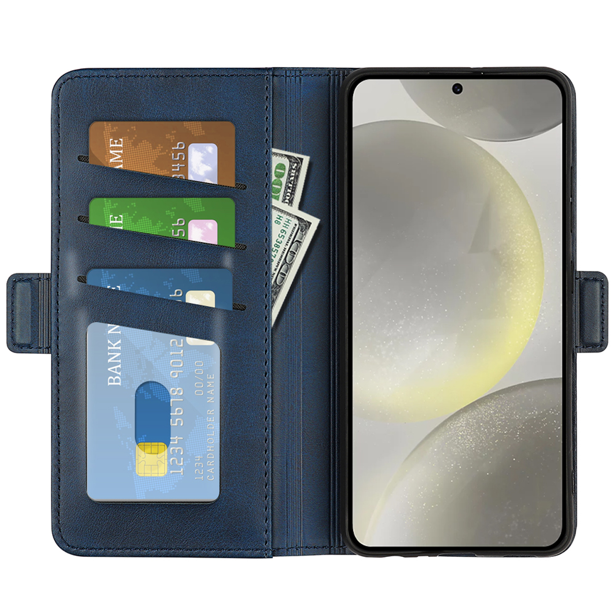 Étui de téléphone bleu avec cartes de crédit et argent à l'intérieur, avec un téléphone.