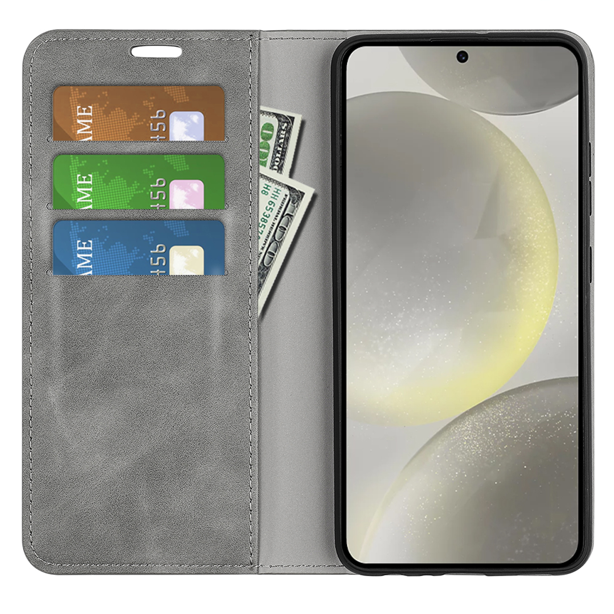 Étui de téléphone gris, ouvert avec cartes et argent. Téléphone avec un arrière-plan flou visible.