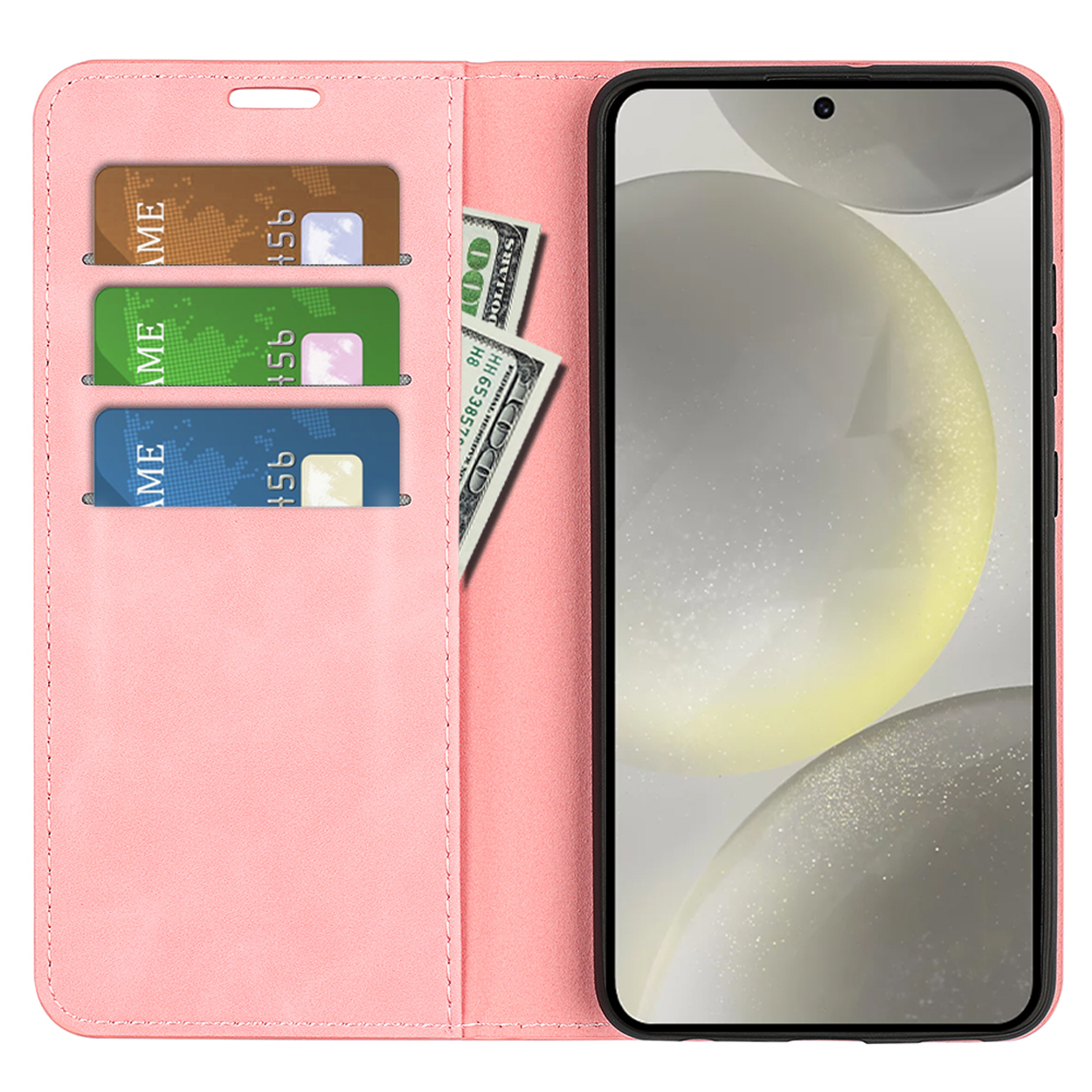 Étui de téléphone rose avec cartes de crédit et argent à l'intérieur, avec un téléphone.
