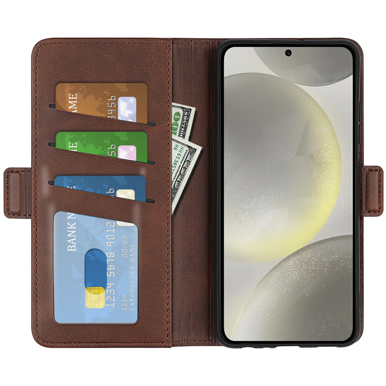 Étui de téléphone marron avec cartes et argent à l'intérieur. Un téléphone est visible à droite.