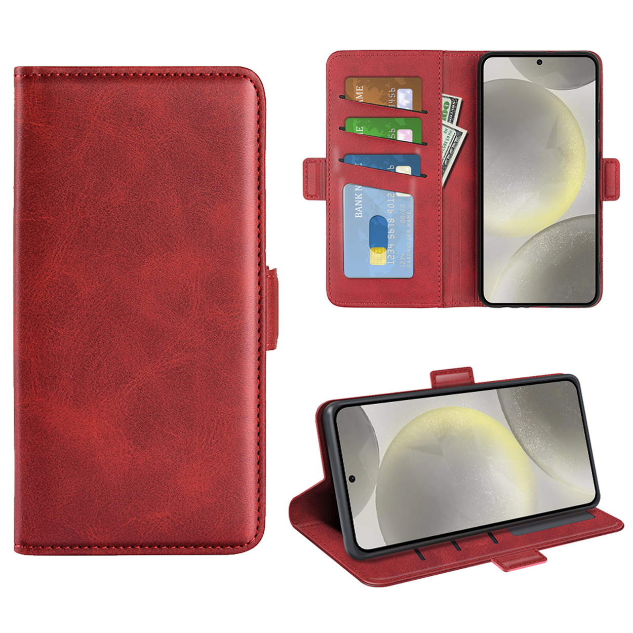 Étui de téléphone rouge ouvert avec téléphone, cartes et argent. Plusieurs vues.