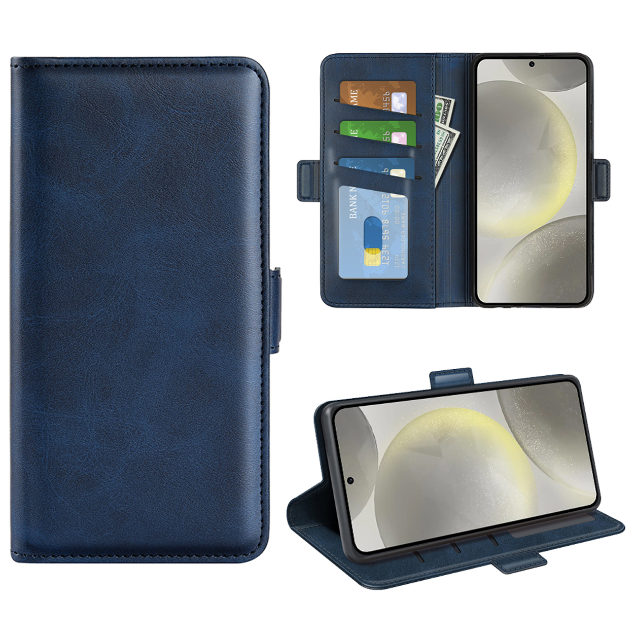 Étui de téléphone bleu avec téléphone et cartes à l'intérieur. L'étui est ouvert.