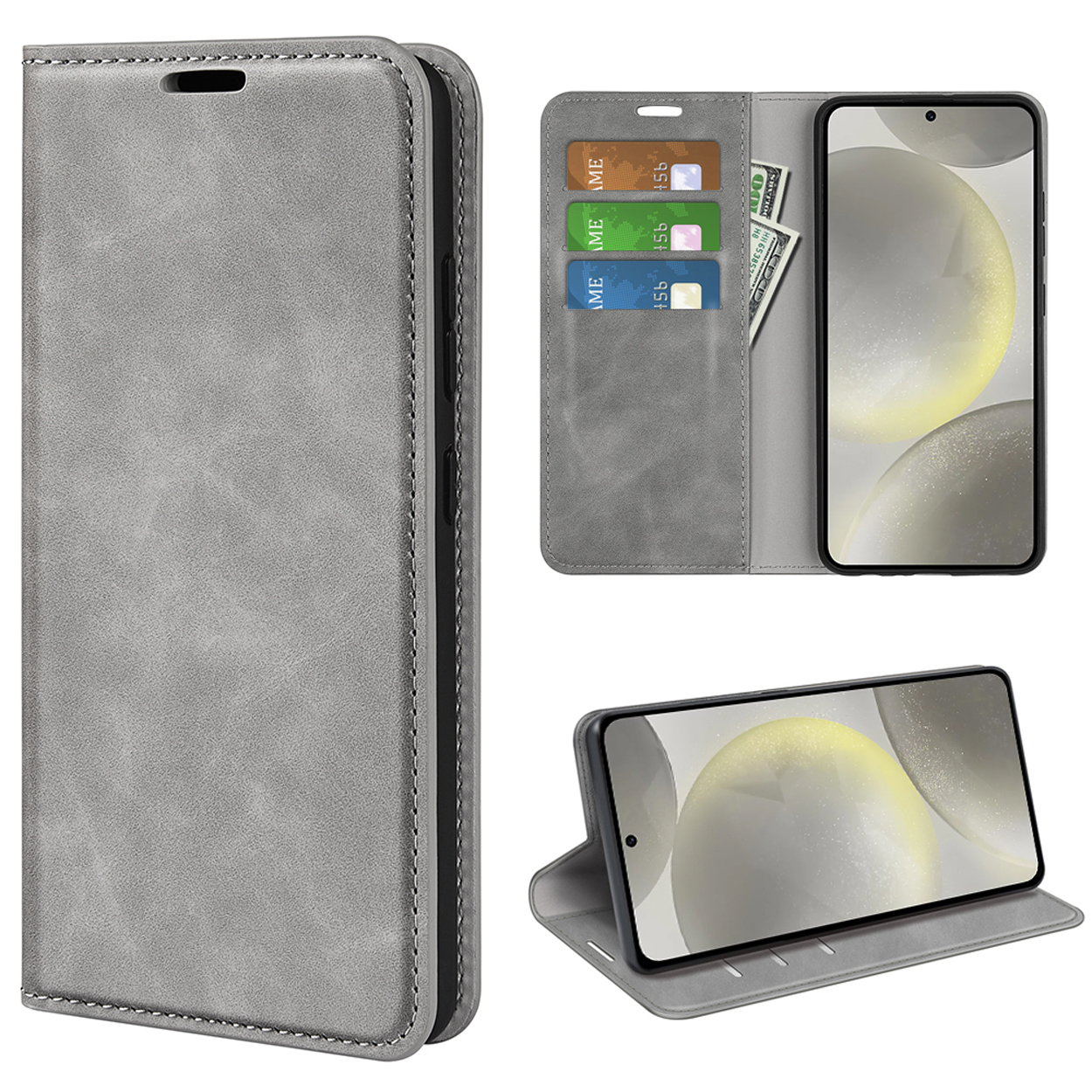 Étui de téléphone en cuir gris avec trois vues. Étui ouvert avec cartes et argent. Téléphone à l'intérieur.