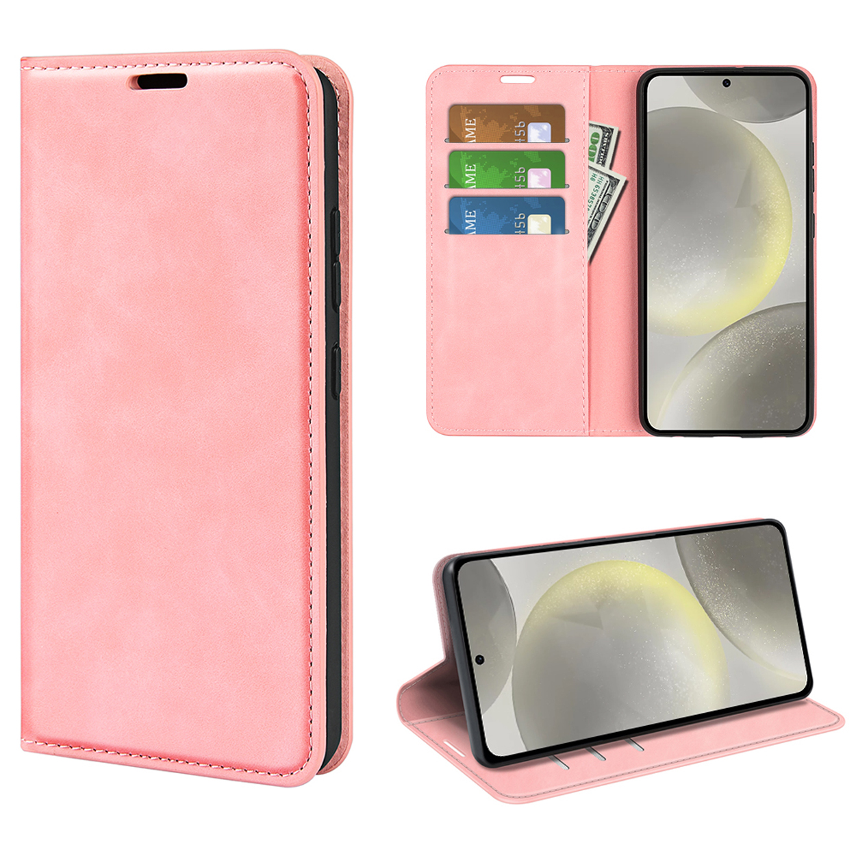 Étui de téléphone rose en trois vues : fermé, ouvert avec cartes et argent, et relevé.