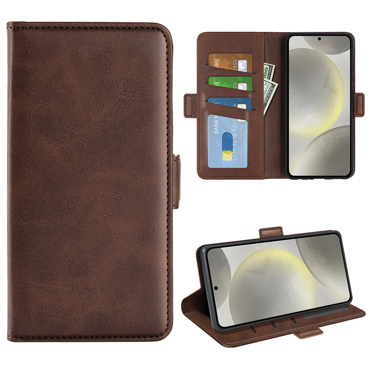 Étui de téléphone marron avec cartes et argent, et téléphone. L'étui est ouvert.