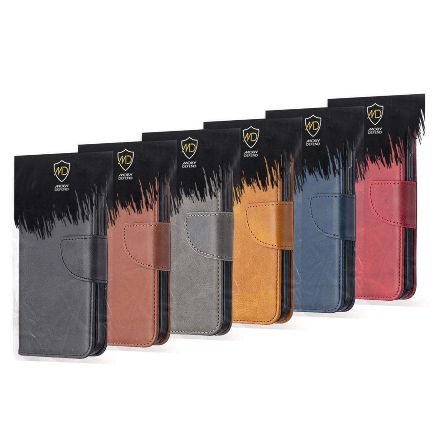 Verschillende gesloten telefoonhoesjes in verschillende kleuren. MD-logo zichtbaar.
