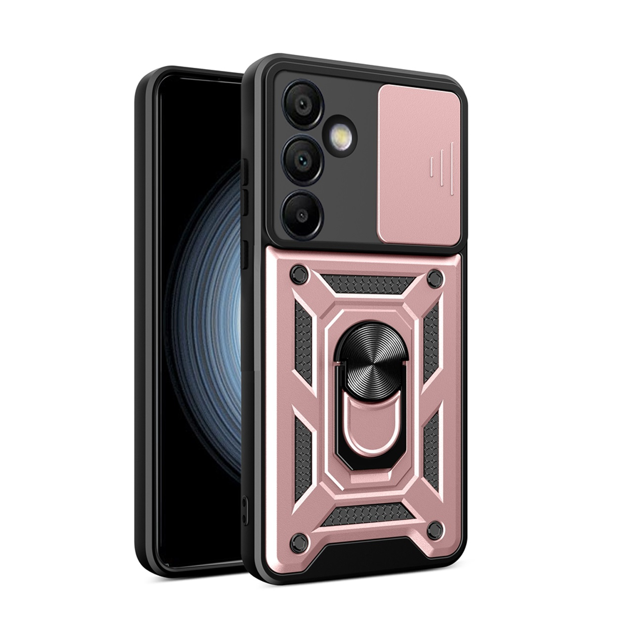 Telefoonhoesje met ringhouder, camera en een telefoon erin.