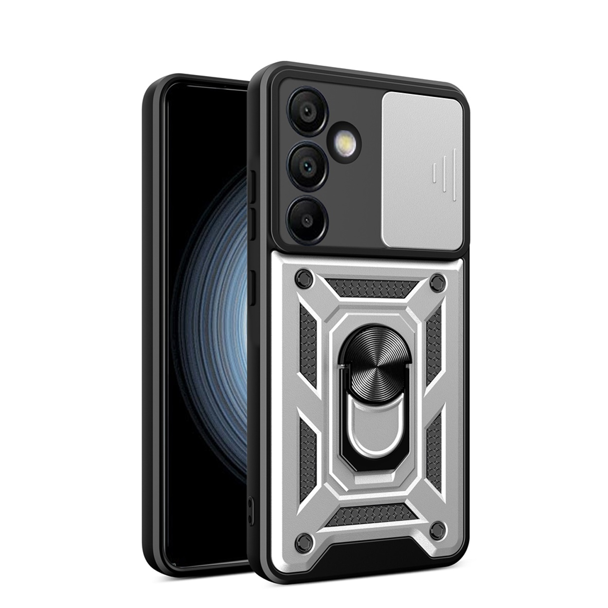 Telefoonhoesje met telefoon erin. Hoesje is zilver en zwart. De telefoon heeft drie camera's.