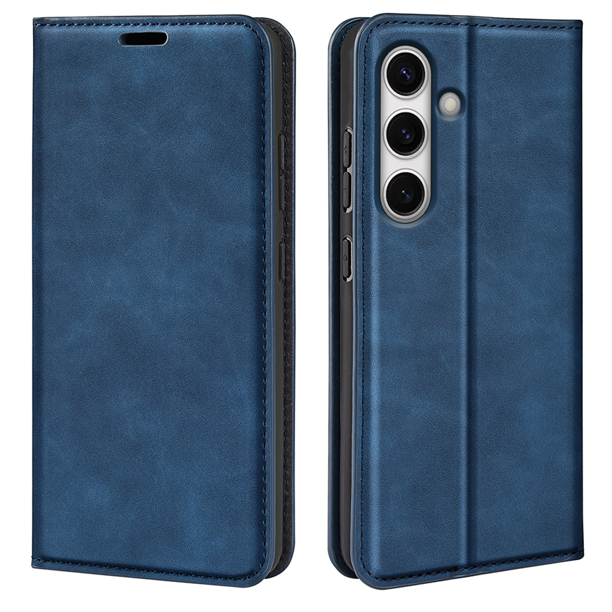 Coque de téléphone en cuir bleu. Le téléphone possède trois caméras.