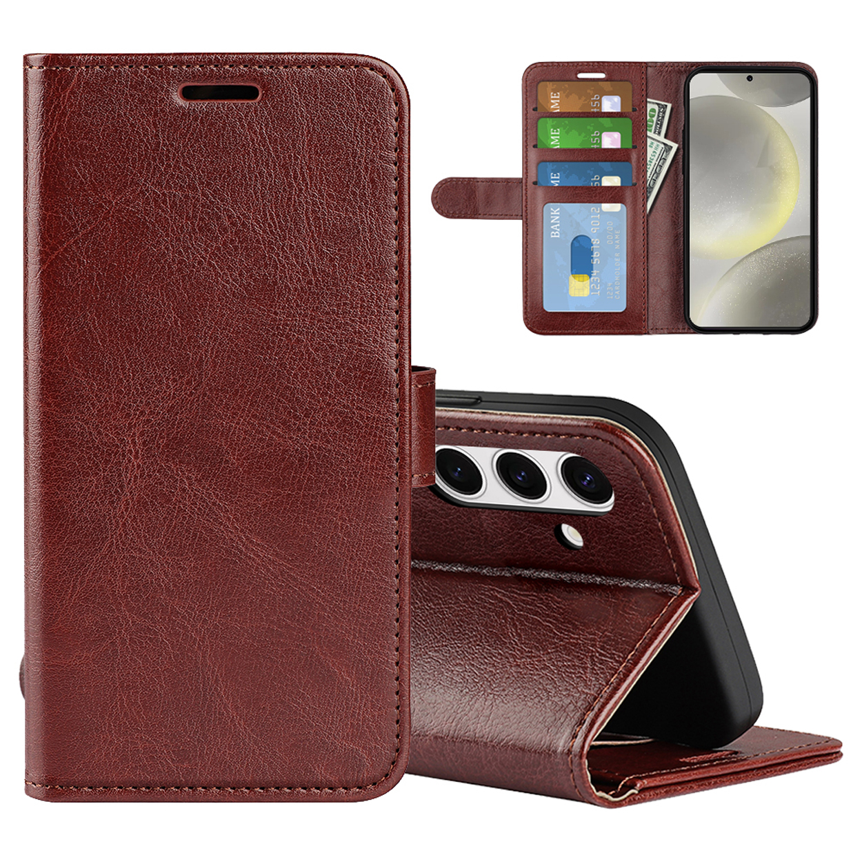 Un étui de téléphone marron, ouvert, avec des cartes, de l'argent et un téléphone.