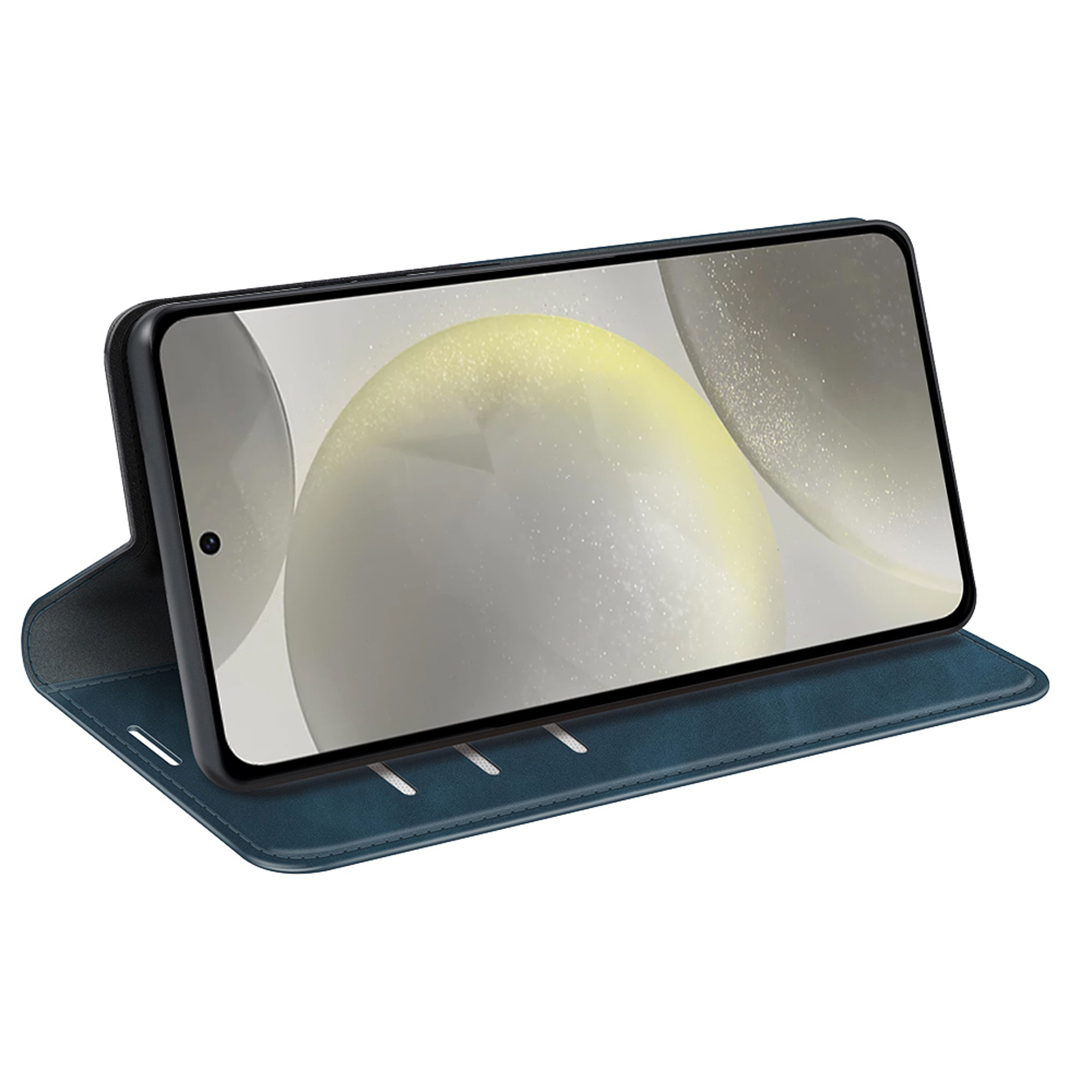 Étui de téléphone bleu avec un téléphone à l'intérieur. Le téléphone affiche un arrière-plan flou.