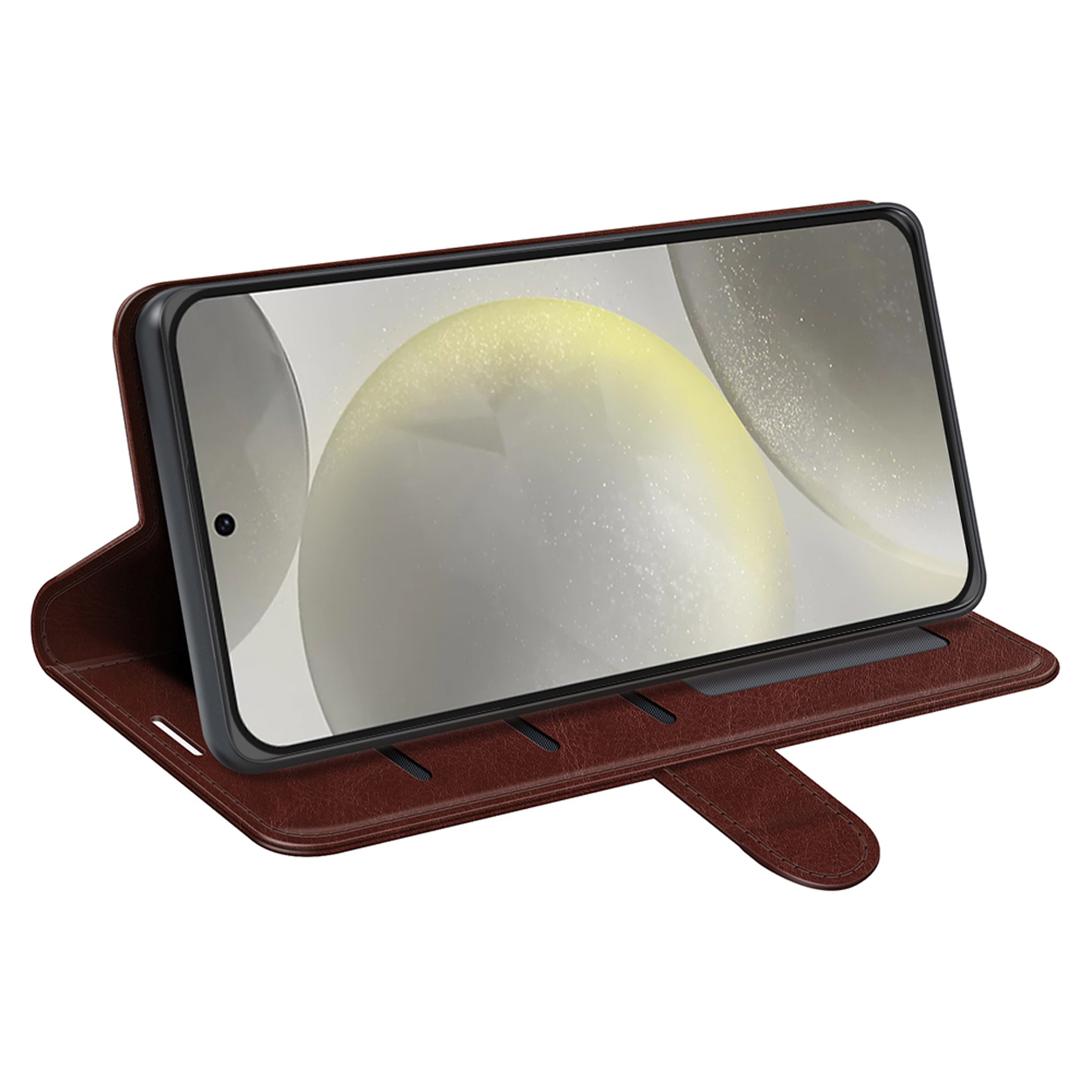 Étui de téléphone marron avec téléphone, montrant une image floue à l'écran.