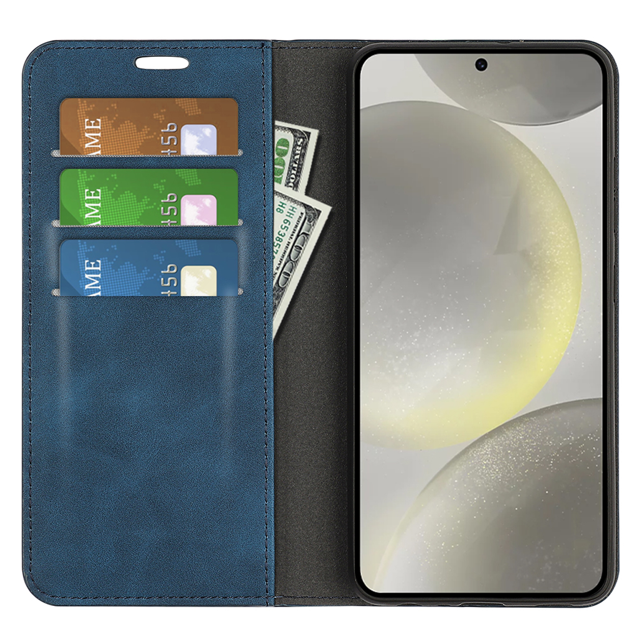 Étui de téléphone bleu ouvert montrant des cartes et de l'argent. Le téléphone affiche une scène de nature.