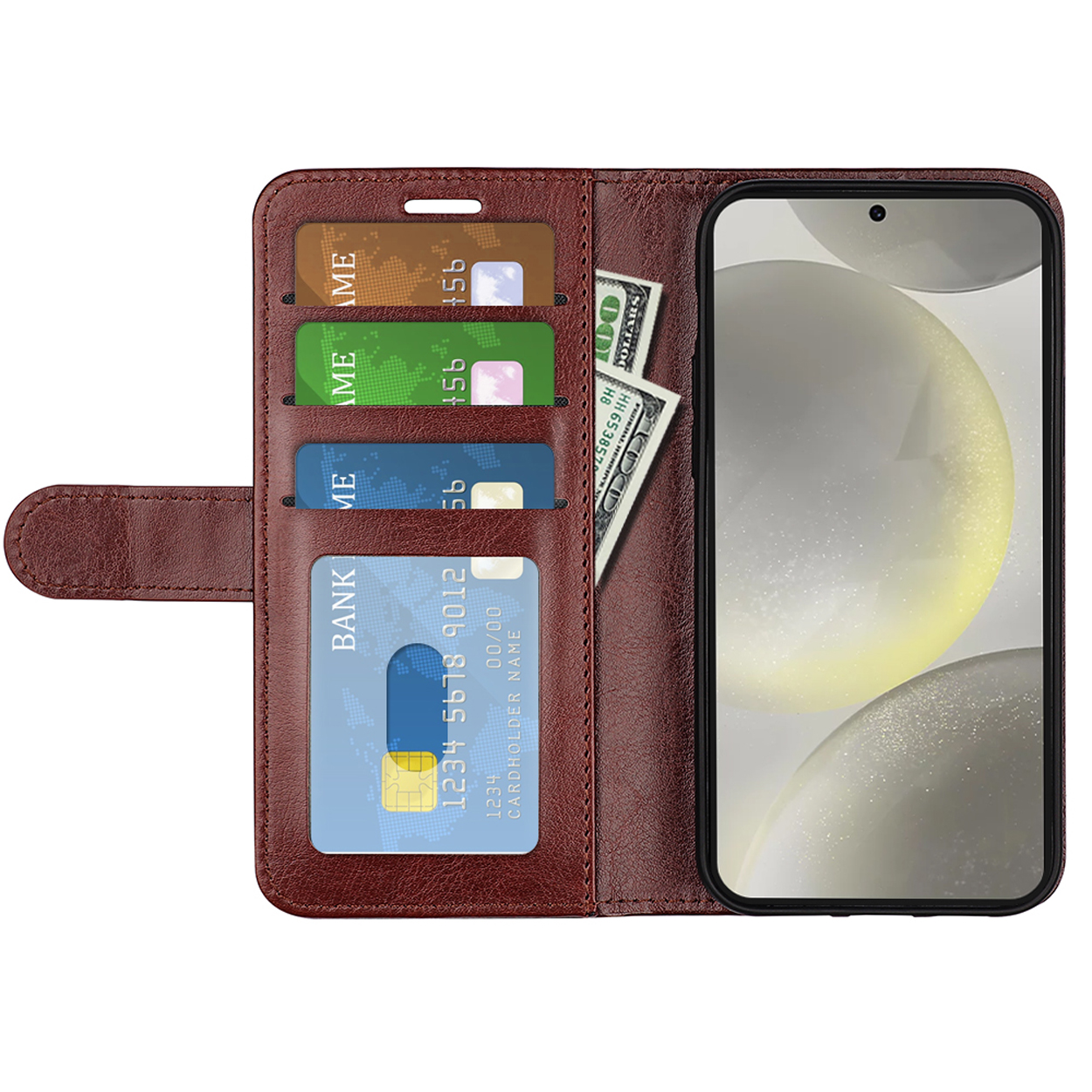 Étui de téléphone marron, avec téléphone, cartes de crédit et argent.