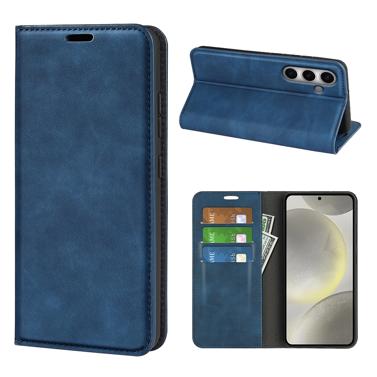 Étui de téléphone bleu avec fentes pour cartes et téléphone affiché sous plusieurs angles.