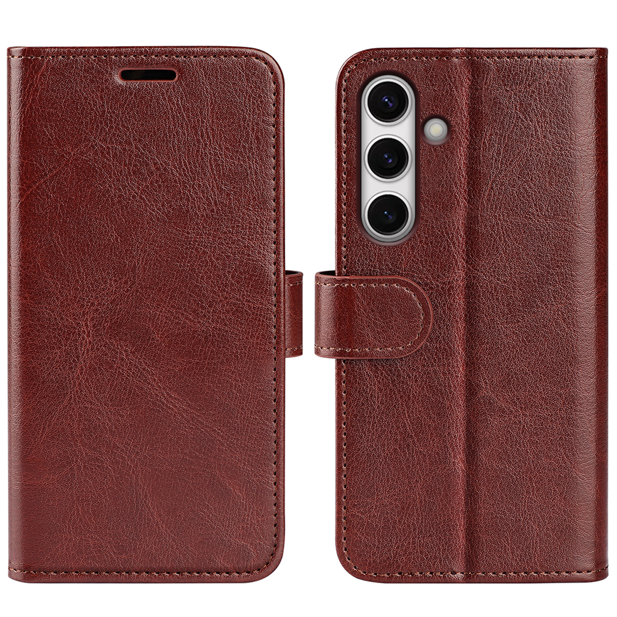 Un étui de téléphone marron, ouvert et fermé. L'étui fermé a un fermoir magnétique. Le téléphone est à l'intérieur.
