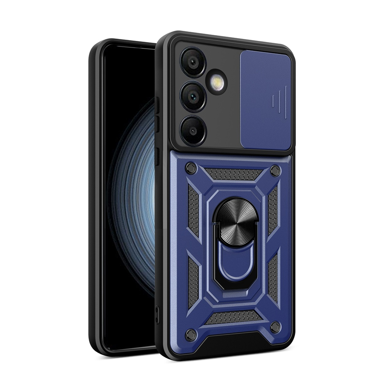 Étui de téléphone bleu avec anneau et curseur de caméra. Téléphone noir visible. Trois caméras.