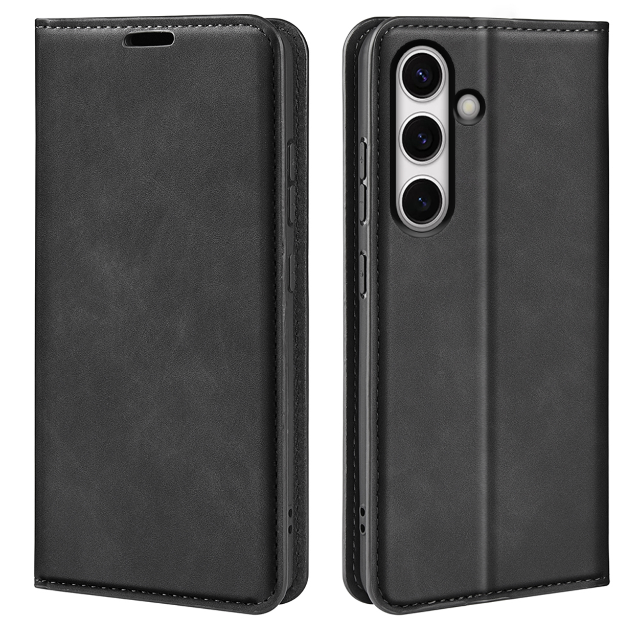 Étui de téléphone noir, ouvert et fermé. L'étui ouvert montre l'arrière du téléphone.