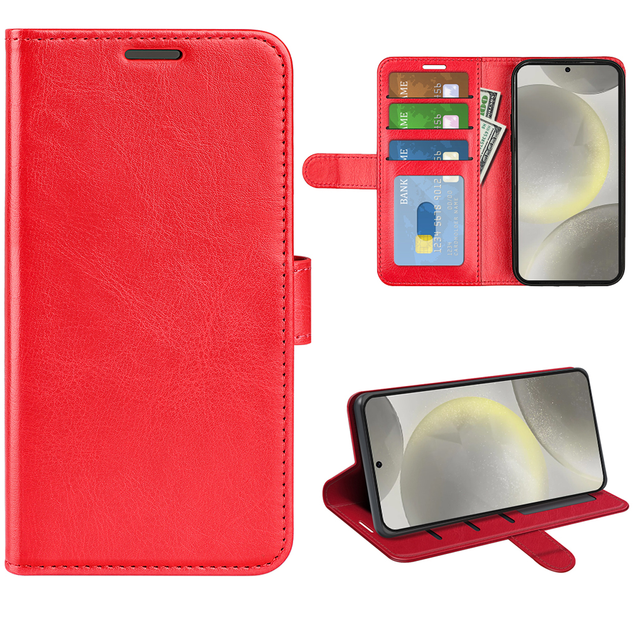 Étui de téléphone rouge avec un téléphone et des cartes. Ouvert avec téléphone et cartes, et fermé.