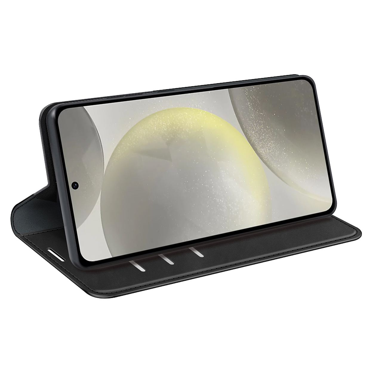 Téléphone dans un étui noir. L'étui est ouvert, téléphone en paysage. L'écran est allumé.