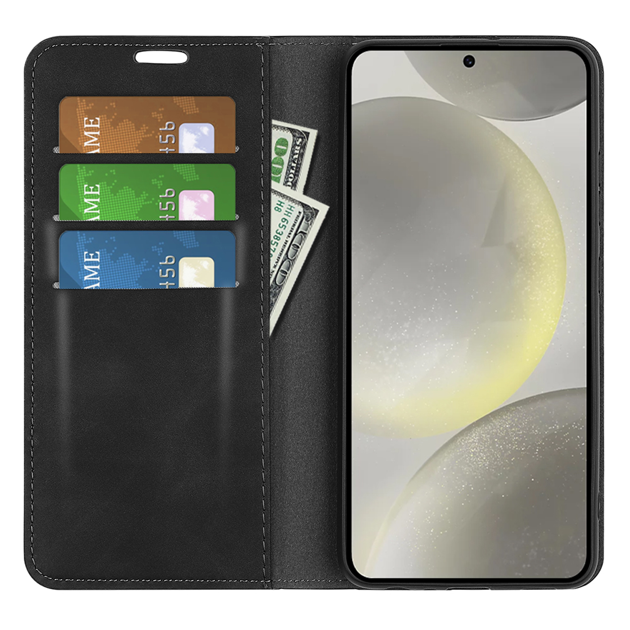 Un étui de téléphone noir avec un téléphone à l'intérieur. Il y a des emplacements pour cartes et un billet de 100 $ à l'intérieur.
