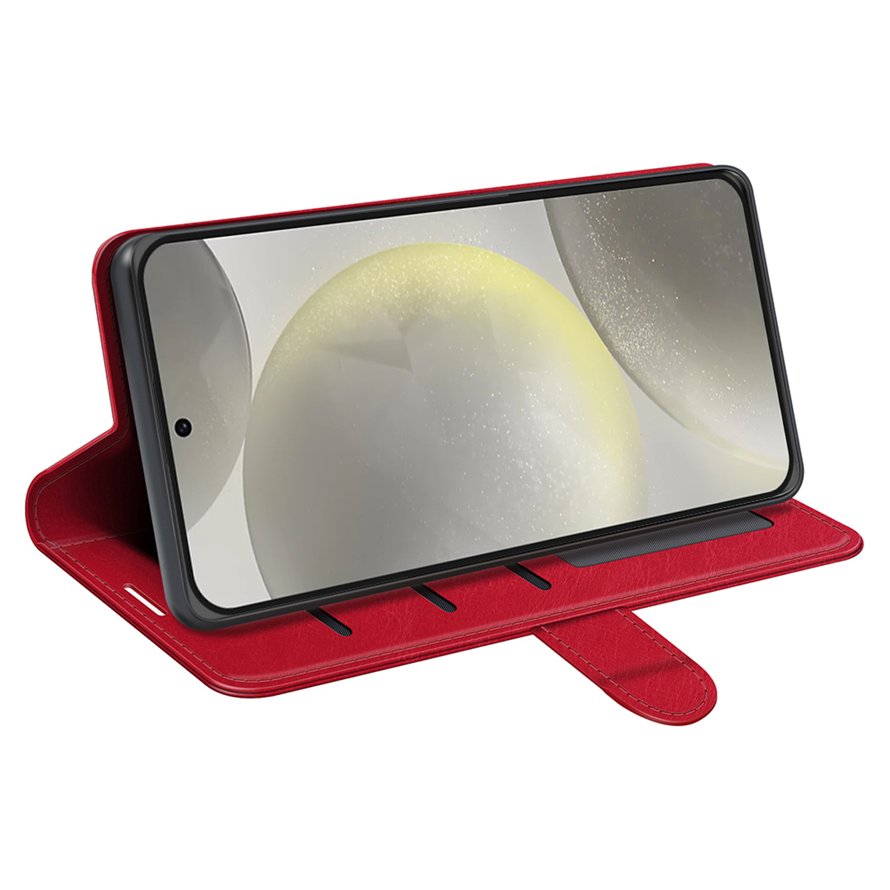 Un étui de téléphone rouge est ouvert, affichant un écran de téléphone. Le téléphone est dans l'étui.