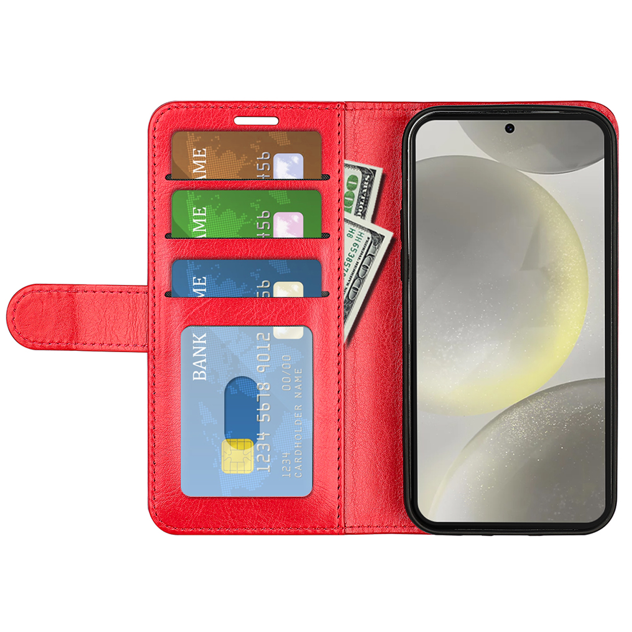 Étui de téléphone rouge, ouvert avec cartes et argent. Téléphone avec un arrière-plan flou visible.
