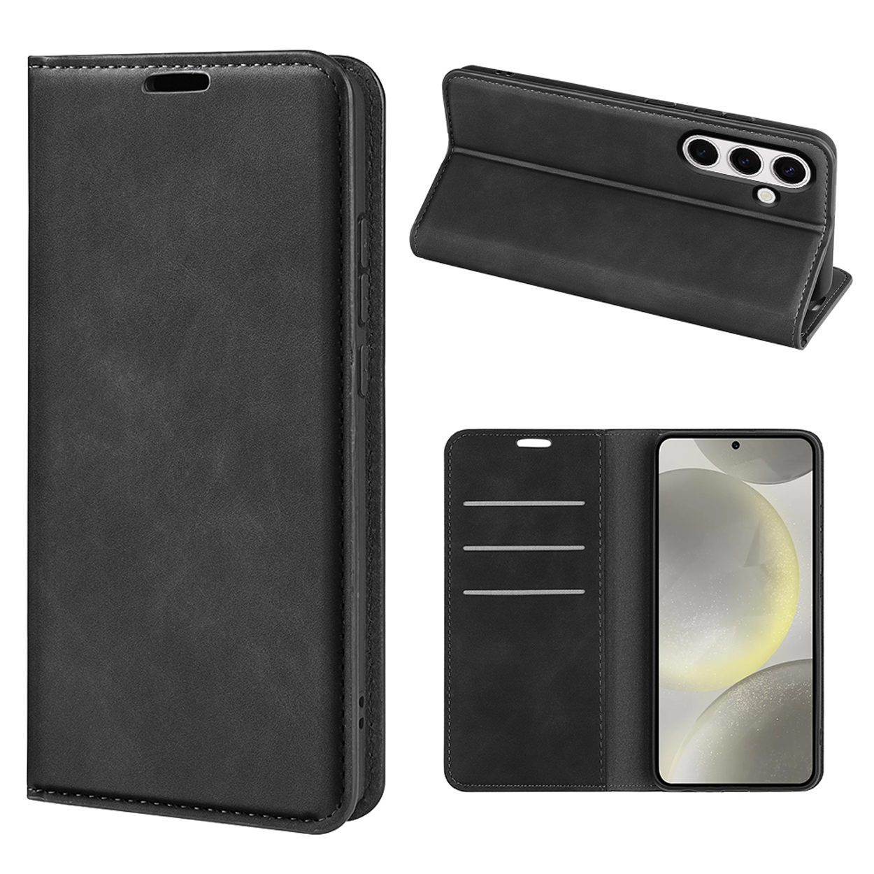 Étui de téléphone en cuir noir, fermé et ouvert. Téléphone à l'intérieur, avec trois caméras. Étui ouvert et plié.