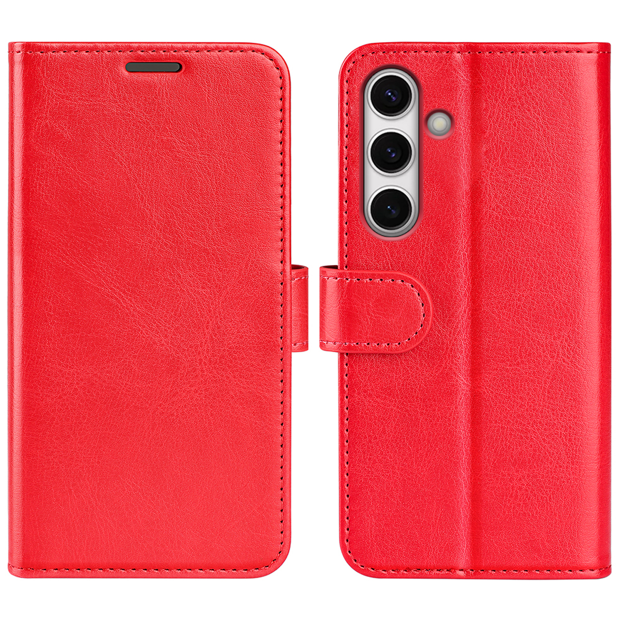 Étui de téléphone rouge fermé, avec vues avant et arrière.