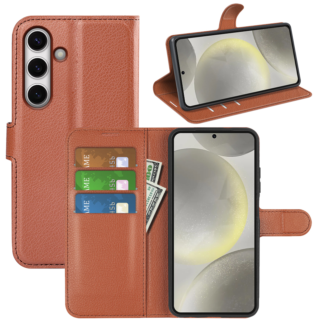 Bruine leren telefoonhoes met kaarten en contant geld. Telefoon binnenin en open getoond.