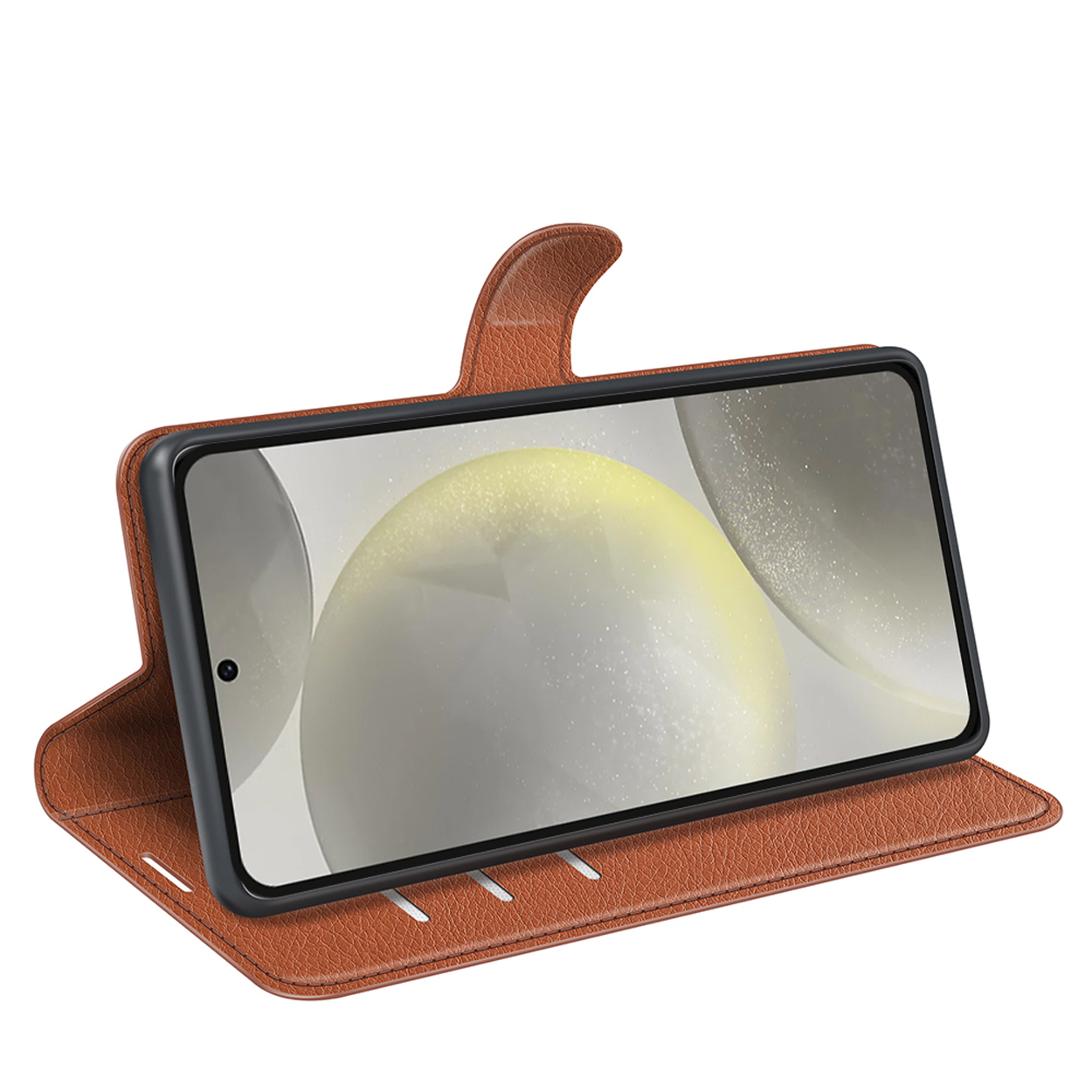 Bruine telefoonhoes met telefoon erin, toont een wazige afbeelding op het scherm.