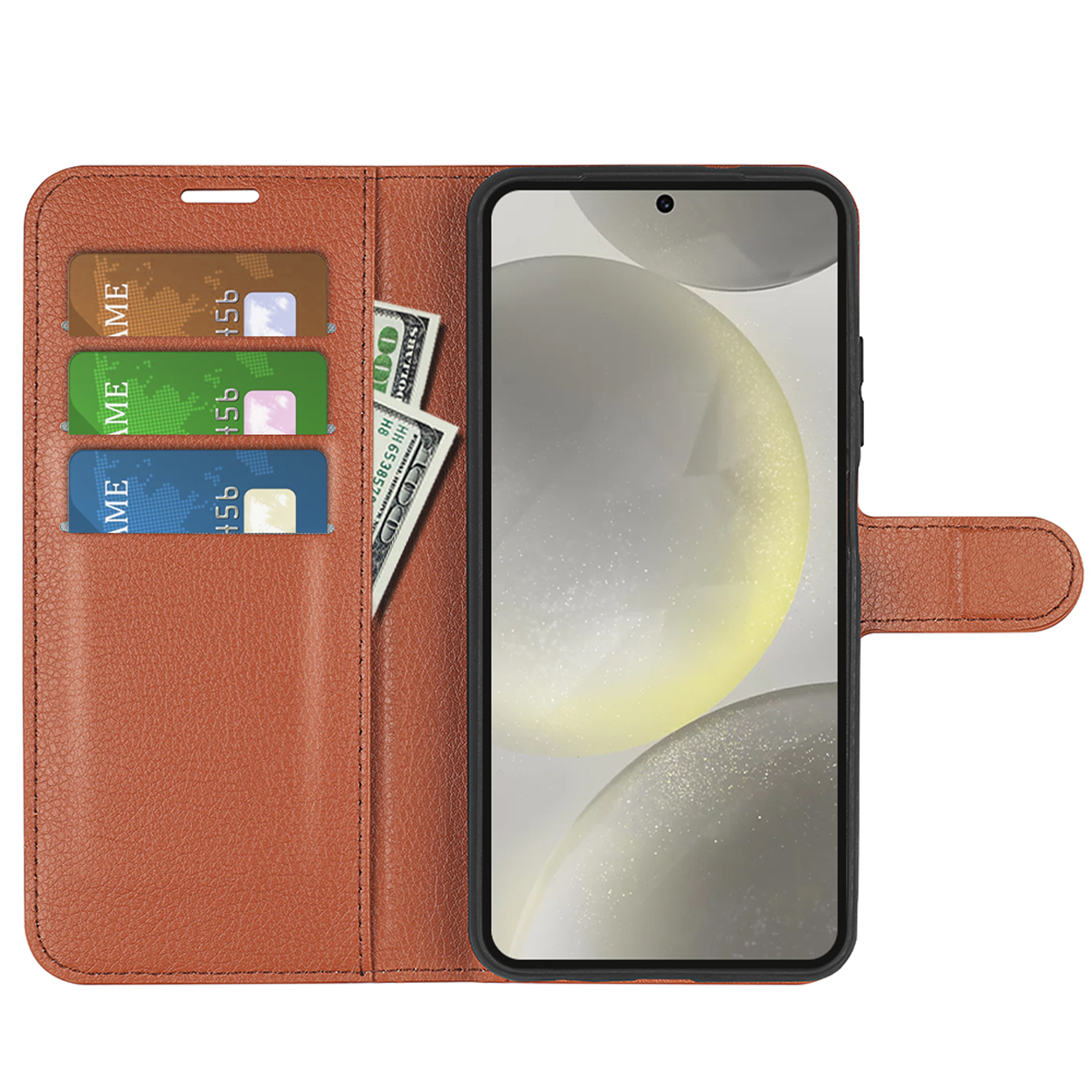 Bruine telefoonhoes open met kaarten, contant geld en telefoon. De hoes is open.